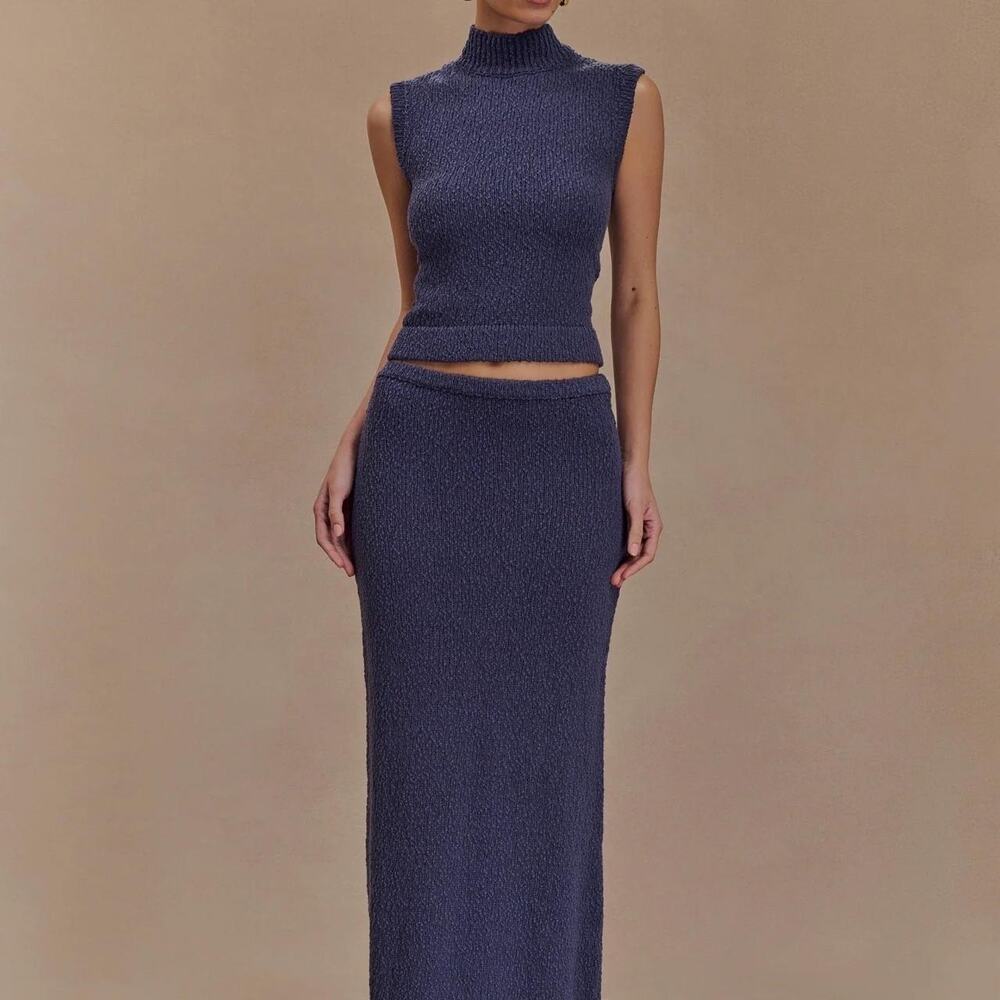 MESHKI (S) Moira/Azalea Bouclé Knit Maxi Skirt Top Set Steel Blue NWT Going Out